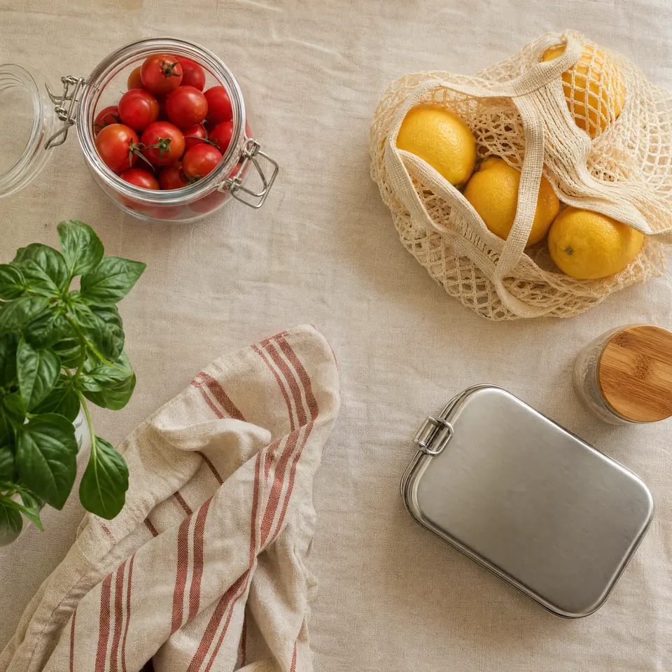 Glasbehälter mit Tomaten, Netzbeutel mit Zitronen und eine Bento-Box aus Stahl auf Leinen
