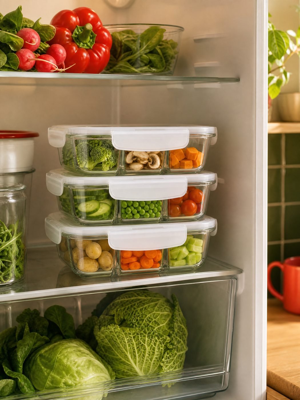 Glass Meal Prep Containers, 3-Compartment, Set of 3 in a kitchen