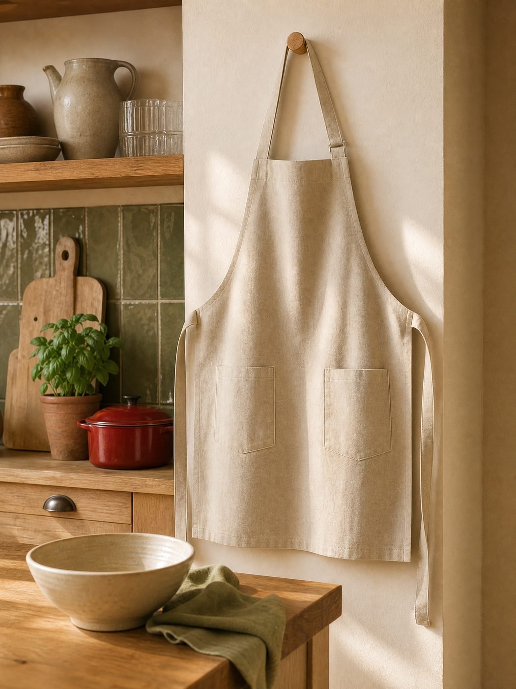 Cotton Canvas Apron with Pockets in a kitchen