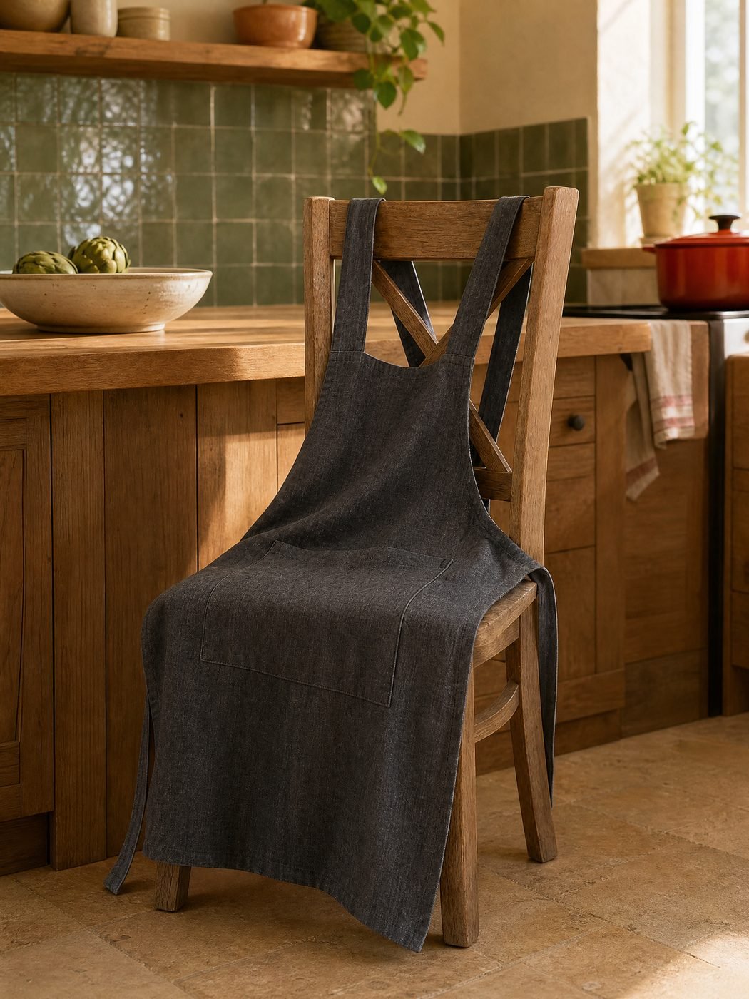 Linen-Blend Cross-Back Apron in a kitchen