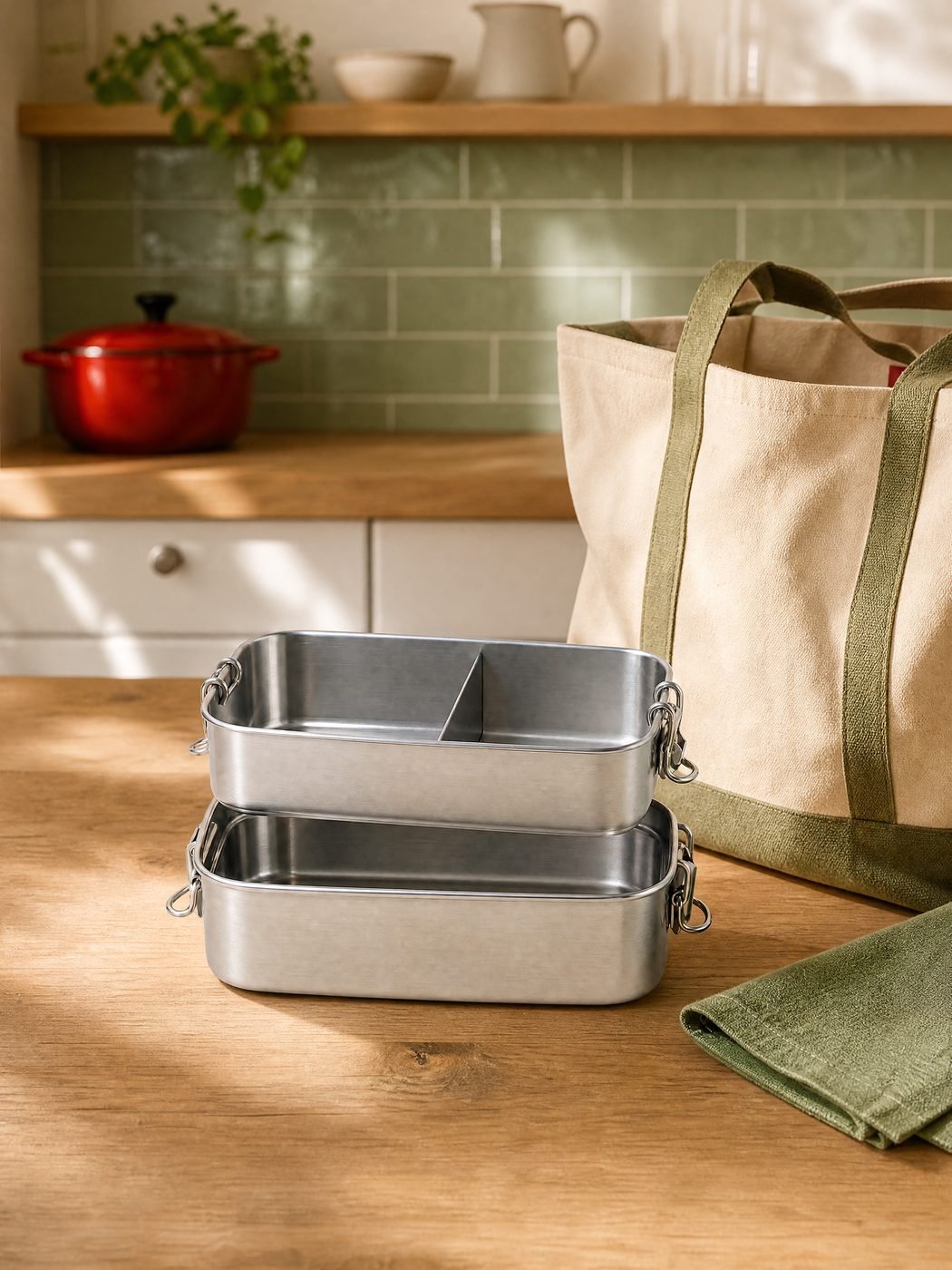Stainless Steel Bento Box, 2 Tiers in a kitchen