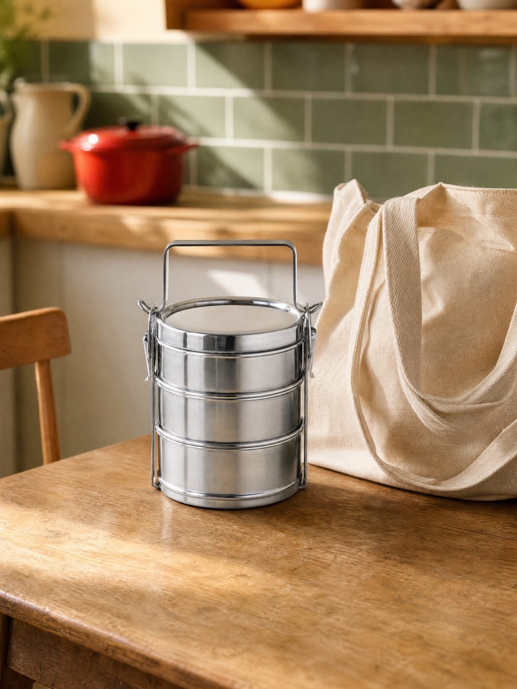 Stackable Stainless Lunch Tins, 3 Tiers in a kitchen