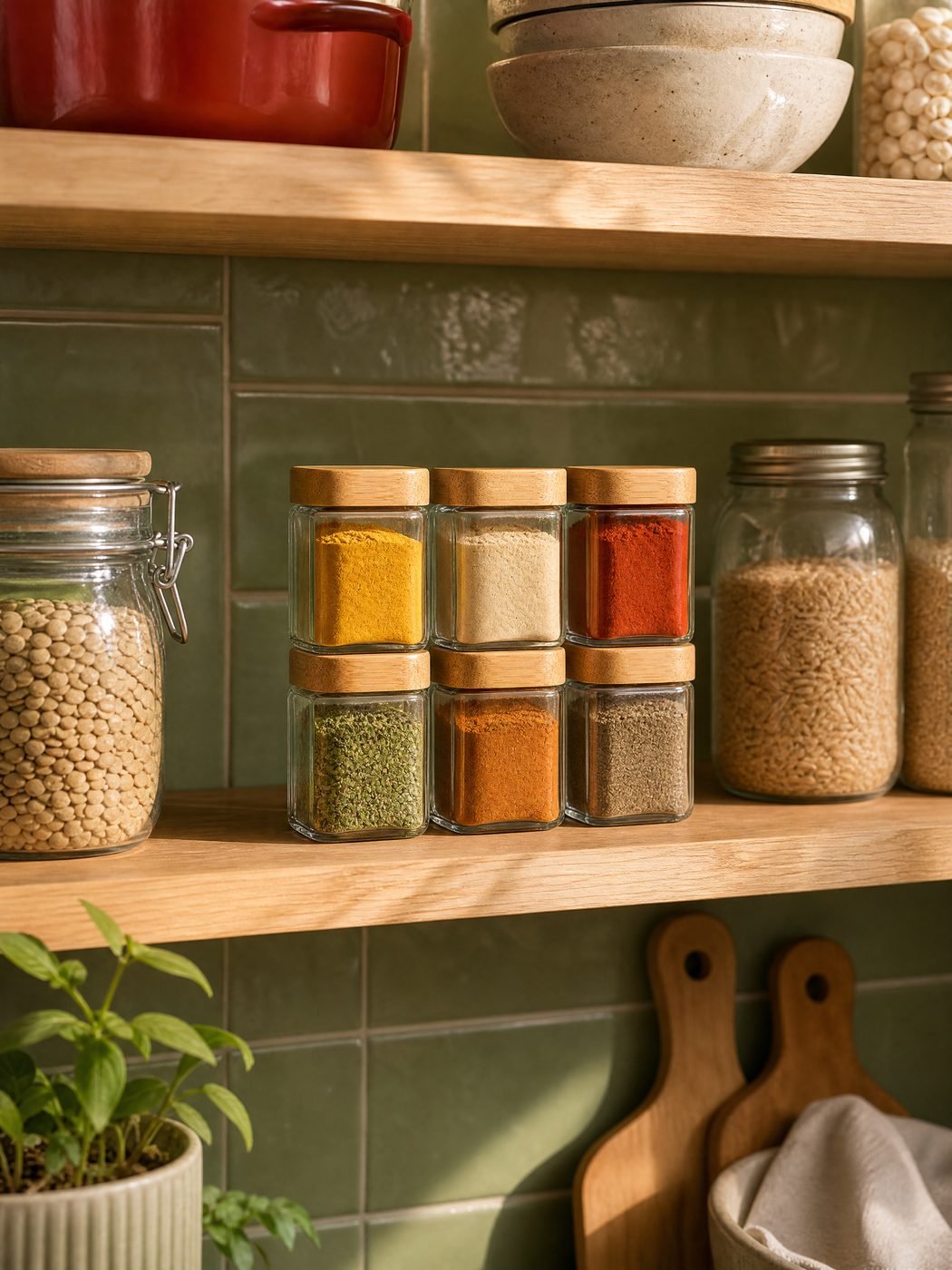 Glass Spice Jars with Bamboo Lids, Set of 6 in a kitchen
