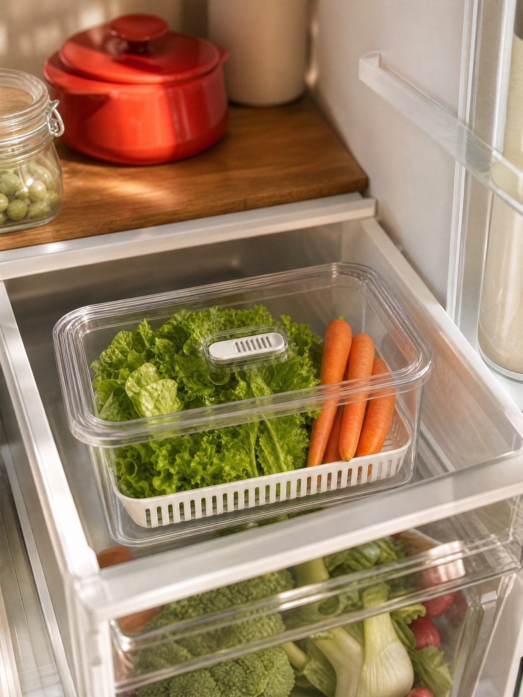 Produce Keeper with Lift-Out Tray in a kitchen